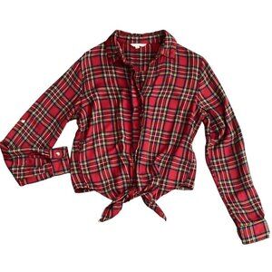 Sim & Sam M Red Plaid Flannel Button-Up Tie Waist Top Soft Rayon 184D